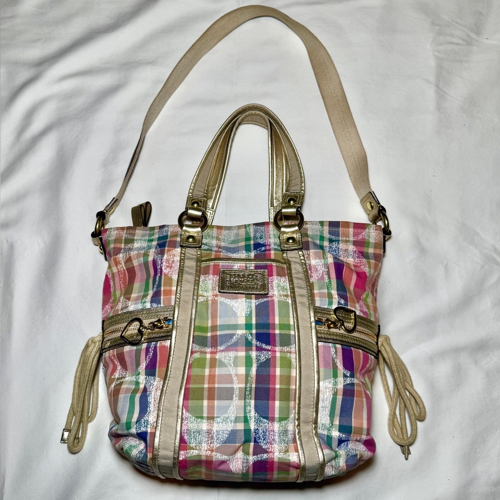 COACH Poppy F21932 Daisy Signature Pink/Multi Madras Spotlight Glam Tote.